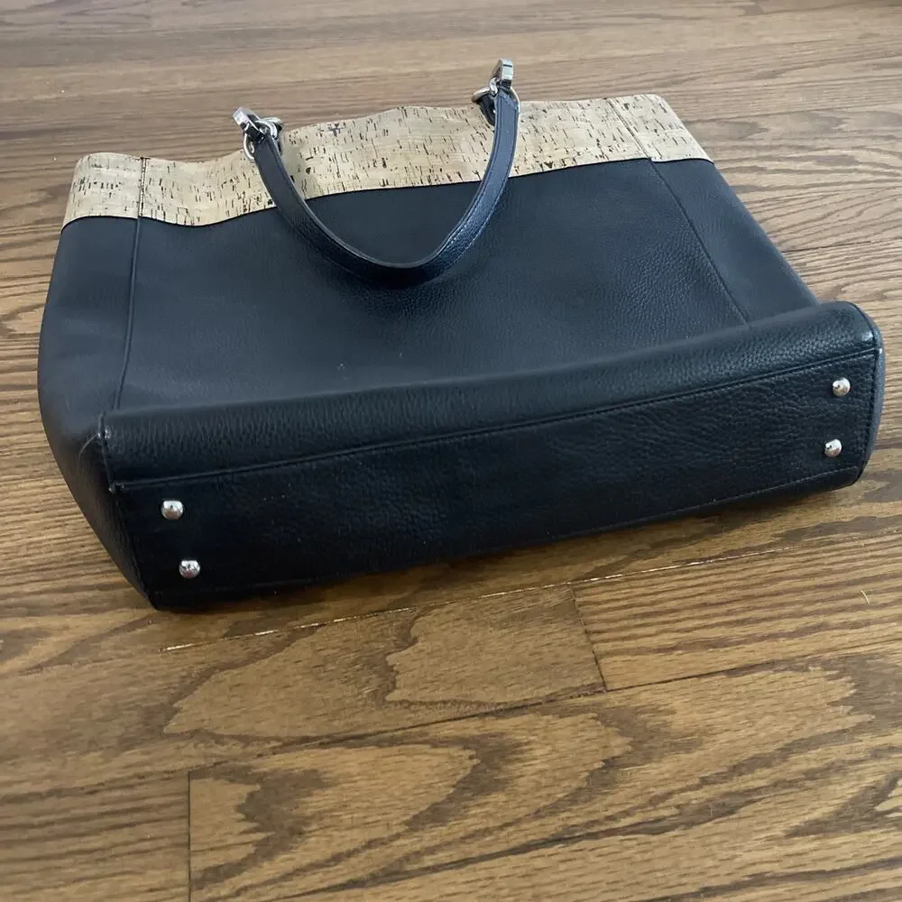 Lauren Ralph Lauren Tote Bag Cork Trim Black Faux Leather Shoulder Bag Purse
